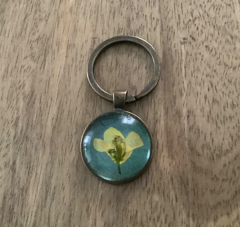  -  Schlüsselanhänger mit Schlüsselring, Schlüsselanhänger mit echter Blüte  - Echte gepresste gelbe Weidenröschenblüte unter einem Glascabochon                                       