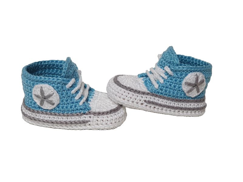 Babyschuhe gehäkelt in Gr. 16/17 /18/19-Sneakers-türkis/grau-Krabbelschuhe-Sportschuhe