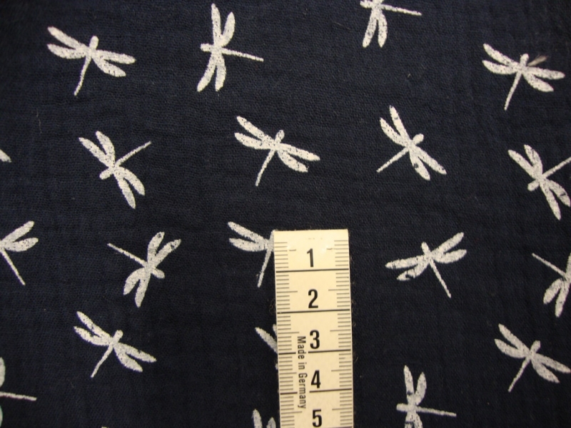 Stoff Baumwolle Musselin Double Gauze weiße Libellen auf dunkelblau kaufen  Meterware Blusenstoff Spucktuch Kleiderstoff