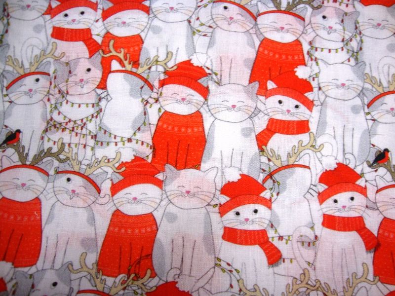 Weihnachten-Stoffe Baumwolle Kätzchen im Winter Webware weiß rot Schal  Mütze kaufen Weihnachtsstoffe Meterware