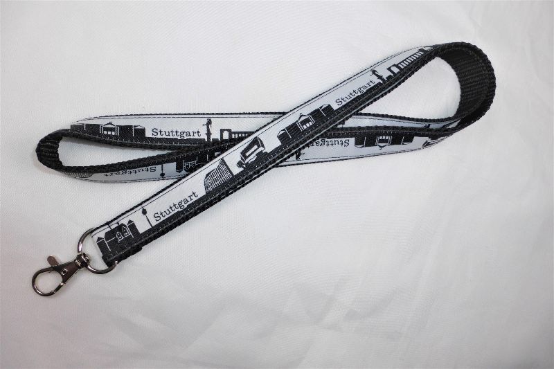  - Schlüsselband lang schwarz mit Skyline-Webband Stuttgart, zum Umhängen 50cm lang, Gurtband, Karabiner