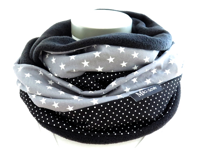 Milo-Schaly Loop Fleece Damen Sterne grau Punkte schwarz Loopschal Schal