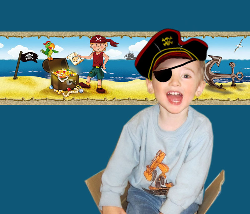  - Kinderbordüre Kleiner Pirat - 15 cm Höhe | Vlies Bordüre mit Goldschatz, Piratenschiff, Wale, Piratenjunge