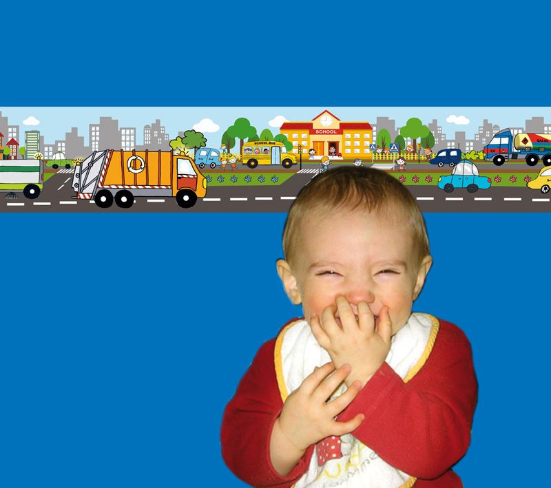  - Kinderbordüre - selbstklebend | Fahrzeuge in der Stadt - 18 cm Höhe | Vlies Bordüre mit Müllauto, Tanklaster, Kehrfahrzeug