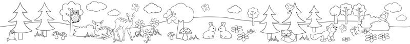 Kinderbordüre - selbstklebend zum ausmalen | Waldtiere - 15 cm Höhe | Vlies  Bordüre mit Reh, Hase, Fuchs, Bäume, Pilze