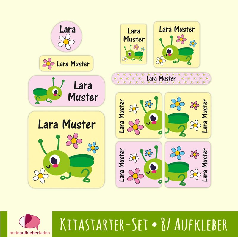  - Kindergarten-Set - 87 Aufkleber | Grashüpfer - Blümchen - personalisierbar | Namensaufkleber, Textilaufkleber, Schuhaufkleber 