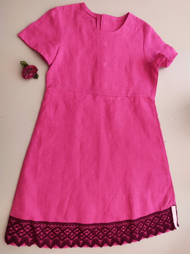 Kinderkleid Leinen Spitze pink weinrot Sommerkleid Größe 116