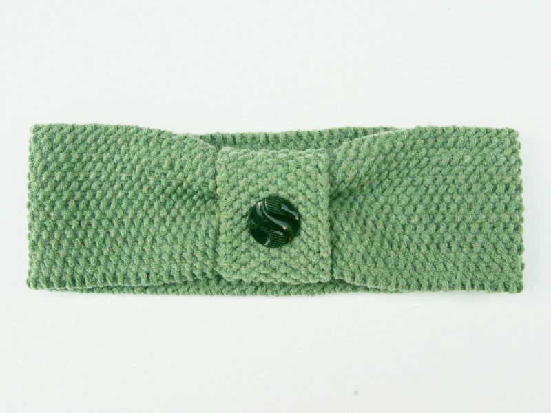 Stirnband Haarband grün lindgrün ohne Wolle handgestrickt Perlmuster mit  Knopf