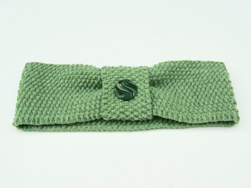 Stirnband Haarband grün lindgrün ohne Wolle handgestrickt Perlmuster mit  Knopf