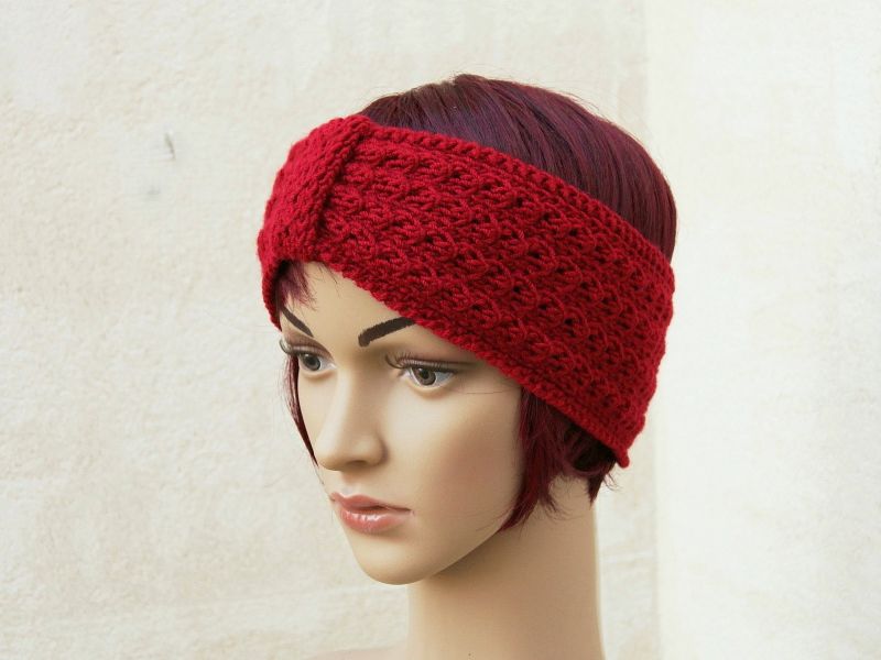  - Stirnband Haarband mit schönem Muster handgestrickt in Rot Kirschrot Wolle Mischgarn Turban-Haarband