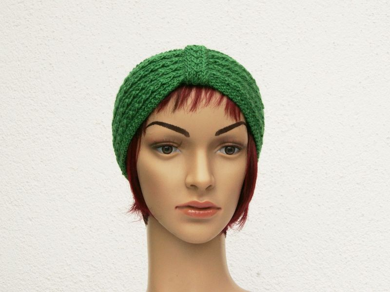  - Stirnband Haarband Turban-Haarband mit schönem Muster handgestrickt in Grün Olivgrün Wolle Mischgarn