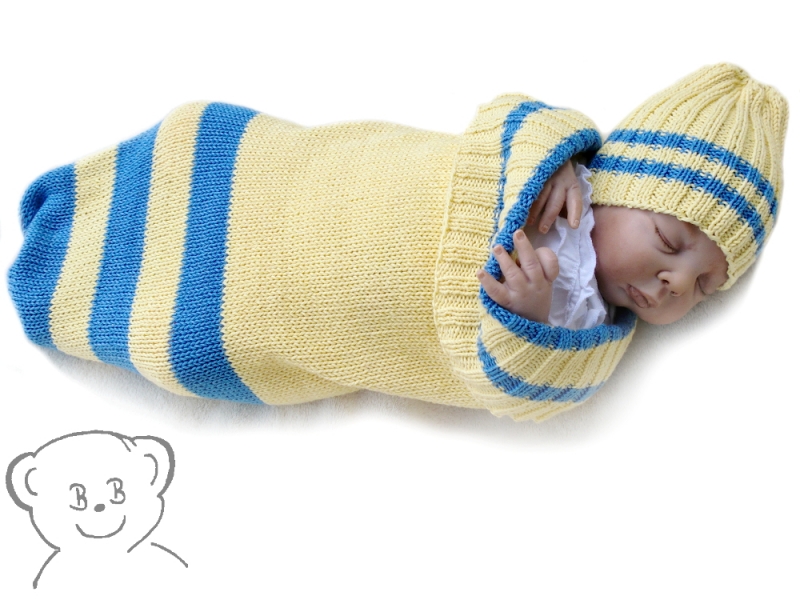 Baby Kuschelsack und Mütze [Farbe GELB-BLAU] gestreift, gestrickt