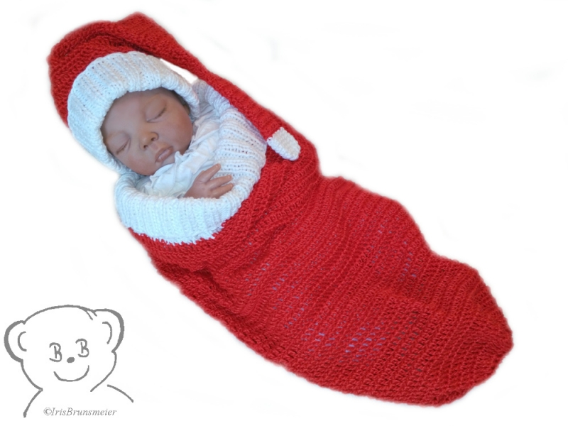 Weihnachten mit Baby Kuschelsack und Mütze, Design WeihnachtsCocoon [Farbe  ROT-WEISS] gehäkelt für Babyfotografie
