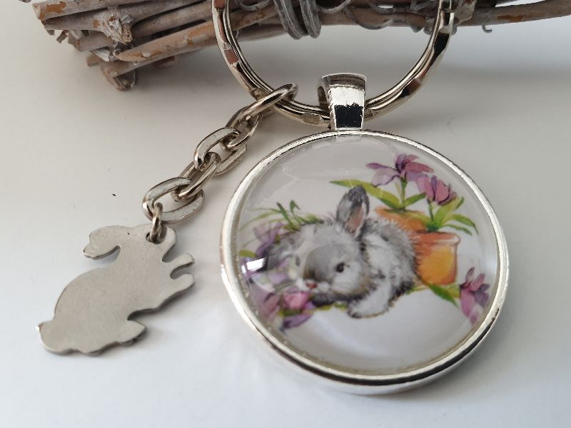  - Hase Kaninchen Schlüsselanhänger Glascabochon  handgefertigt mit Hase Edelstahl Geschenk Frauen Freundin Ostern  