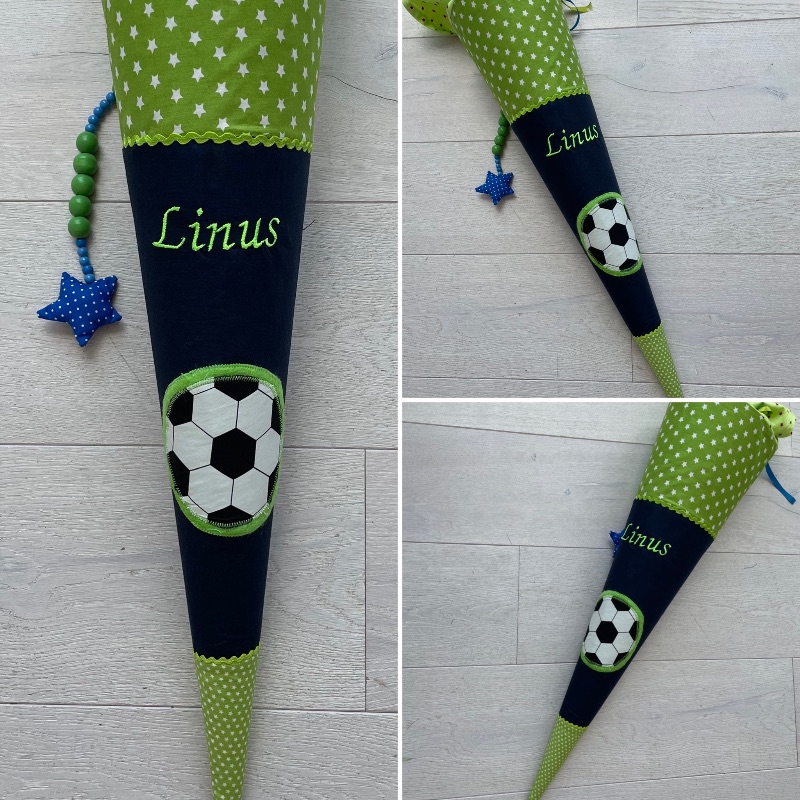 Handgefertigte Schultüte mit Wunschnamen und Fußball