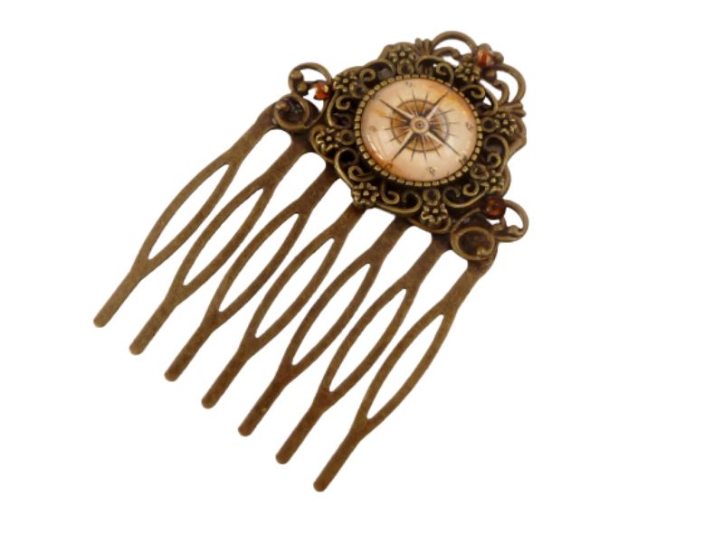  - Kleiner Haarkamm mit Kompass Motiv bronzefarben braun Geschenkidee Frau