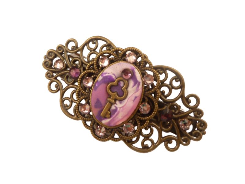  - Kleine Haarspange mit Schlüssel Ornament lila bronzefarben Unikat Haarschmuck Geschenkidee Mädchen