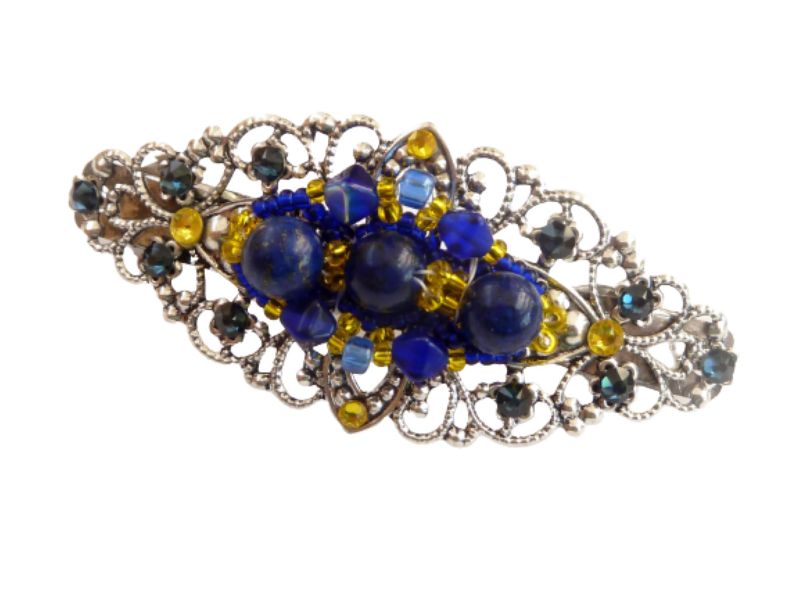 Edelstein Haarspange mit Lapislazuli Perlen Unikat dunkelblau gelb  silberfarben Braut Haarschmuck festliches Haar Accessoire