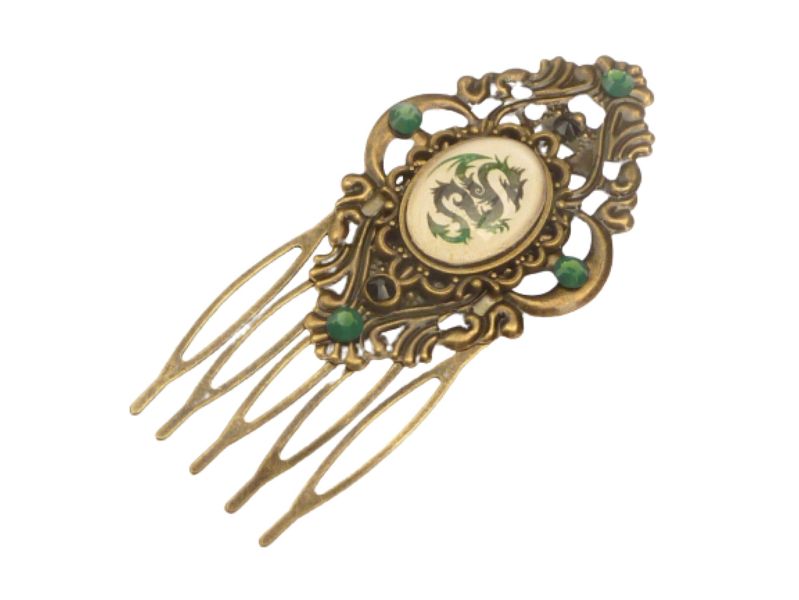 Kleiner Haarkamm mit Drachen Motiv Mittelalter Haarschmuck grün  bronzefarben Geschenkidee Mädchen