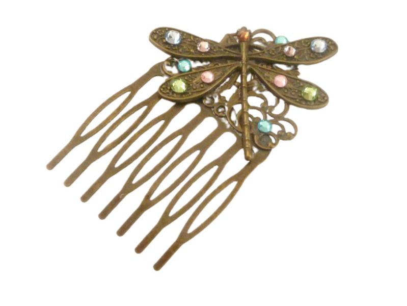  - Kleiner Haarkamm mit Libelle Motiv bronzefarben bunter Strass Hochsteckfrisur Haarkamm Geschenkidee Frau