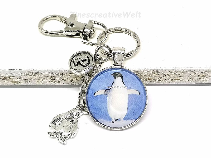  - Pinguin, personalisiert, Schlüsselanhänger mit Karabinerhaken, Glascabochon, Winter