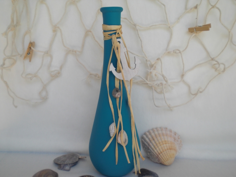  - Eine blaue Dekoflasche, Vase, maritim dekoriert, 25 cm Tropfenform kaufen 