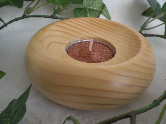 Teelichthalter 2 Stück Holz gedrechselt natur mit Maserung 8 cm Durchmesser