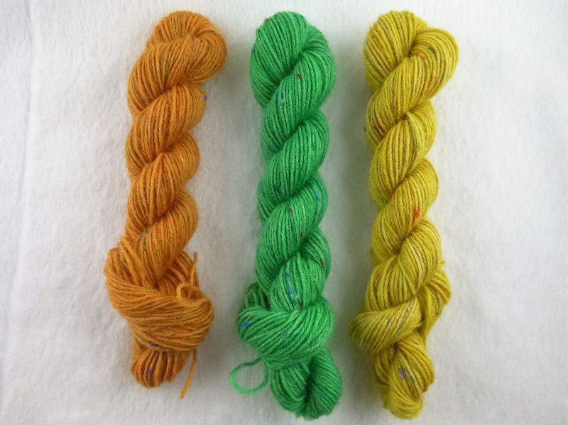  - Handgefärbte Sockenwolle Tweed im Ministrang 3-er Pack (orange, grün und gelb)