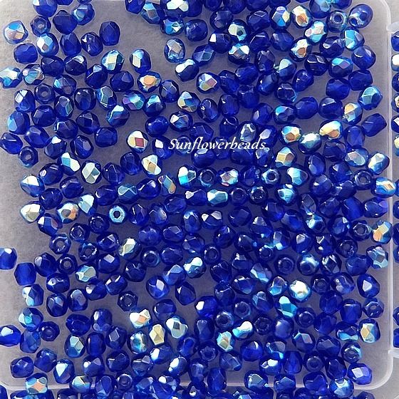 50 Stück böhmische Glasschliffperlen 3 mm, dunkelblau AB, kobalt AB