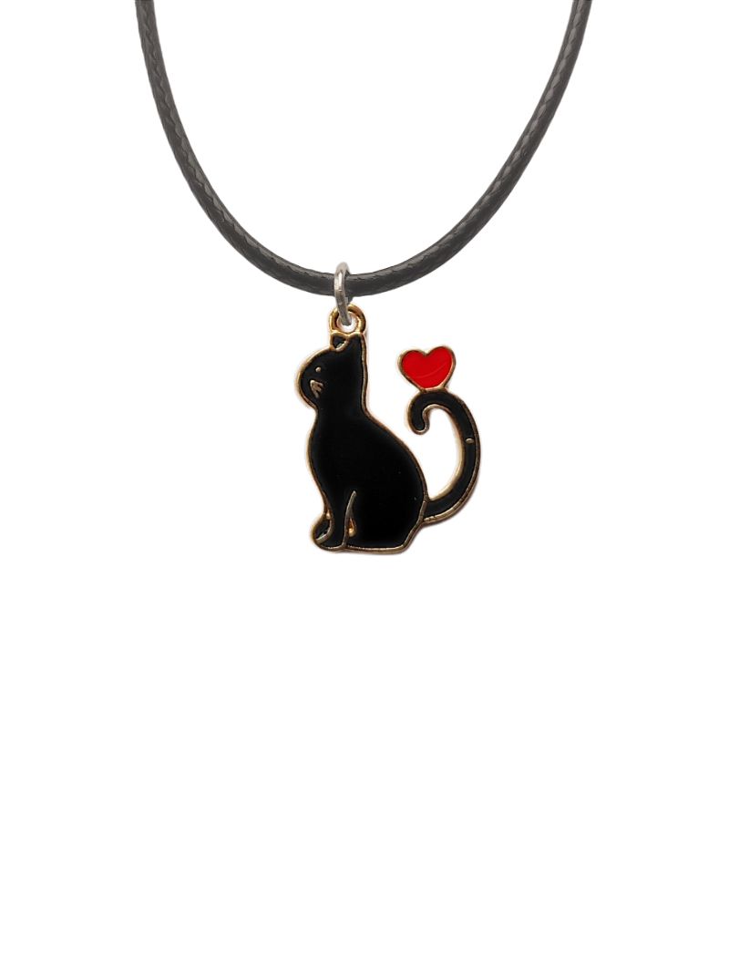 Halskette mit geflochtenem schwarzem Lederband mit längenverstellbarem  Verschluss schwarze Katze