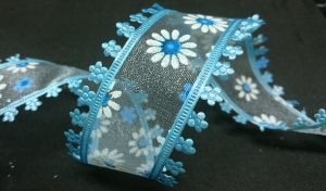 Zierband,4,0m, blau transparent,m.Blumen u.Blumenborte,40mm,m.Draht