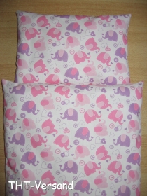 Puppenbettwäsche weiß mit Elefanten in rosa, pink und lila *1205*