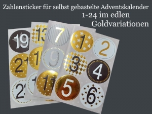 24 Zahlen für Adventskalender Vorweihnachtszeit Sticker 1-24 in Goldtönen selbstklebend