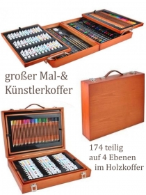 Großer Malkoffer Malkasten im Holzkoffer auf 4 Ebenen 174 Teilig, Künstlerkoffer mit vielen Farben