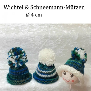 Minimützen, Wichtelmützen, Schneemannmützen 3er-Set Grün-Blau für Ø 4 cm von Hand gestrickt