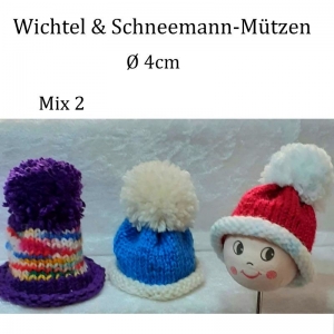 Minimützen, Wichtelmützen, Schneemannmützen 3er-Set --Mix 2--  für Ø 4 cm von Hand gestrickt 