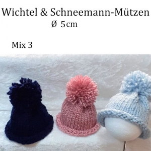 Minimützen, Wichtelmützen, Schneemannmützen 3er-Set --Mix 3--  für Ø 5 cm von Hand gestrickt 