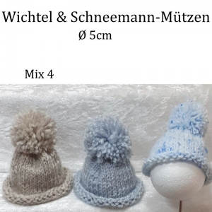 Minimützen, Wichtelmützen, Schneemannmützen 3er-Set --Mix 4--  für Ø 5 cm von Hand gestrickt 