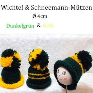 Minimützen, Wichtelmützen, Schneemannmützen 3er-Set -dunkelgrün & Gelb-  inkl. Ø 4 cm Köpfe 