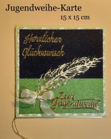 Jugendweihe-Karte, Glückwunschkarte herzlichen Glückwunsch 15x15 cm Elegant Schreibfeder & Schleife Grün/Schwarz - Handarbeit kaufen
