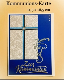 Kommunions-Karte, Glückwunschkarte zur Kommunion 11,5x16,5 cm Elegant Kreuz in Blau & Silber