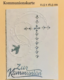 Kommunions-Karte, Glückwunschkarte zur Kommunion 11,5x16,5 cm Elegant Strass-Kreuz mit Tauben Weiß-Silber - Handarbeit kaufen