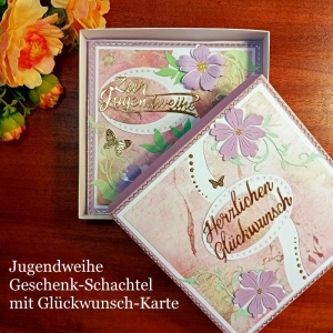Jugendweihe Geschenkschachtel + Glückwunschkarte Geschenkbox für Geldgeschenke aufwendige Handarbeit  Lila & Gold - Handarbeit kaufen