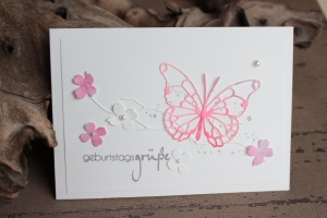 Glückwunschkarte zum Geburtstag - Schmetterling mit Blüten, Perlen