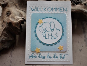 Babykarte, Glückwunschkarte zur Geburt mit Elefant-Motiv und Sternen