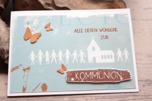 Glückwunschkarte zur Kommunion mit christlichem Motiv, hellblau - bronze