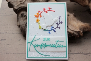 Glückwunschkarte zur Kommunion - Taube, türkis-weiß, regenbogenfarben
