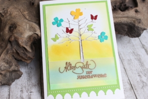 Farbenfrohe Glückwunschkarte zur Jugendweihe mit Baum-Motiv, Blüten und Schmetterlingen, Jugendweihe-Karte für Mädchen