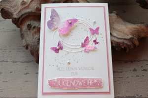 Romantische Glückwunschkarte zur Jugendweihe mit Schmetterling-Motiv, Aquarell-Farben, Jugendweihe-Karte für Mädchen
