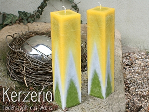 Quader Kerze Gelb Grün mit ☀ Blüteneffekt ☀ handgemacht aus recyceltem Wachs